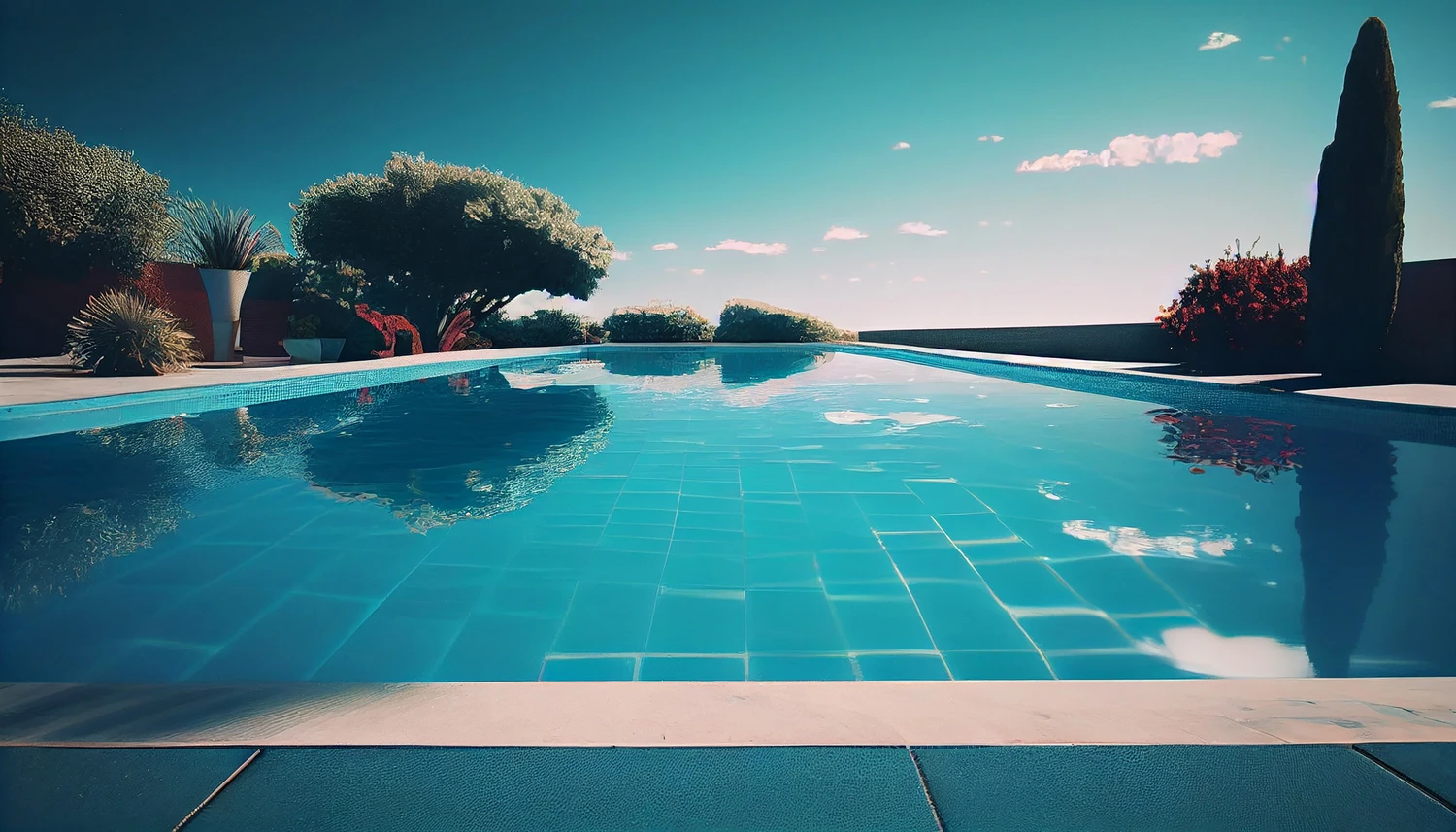 242467473_m (1) A crystal-clear swimming pool with a bright blue surface reflecting the clouds in the azure sky. The scene is perfect for relaxation and vacation enjoyment.<br />